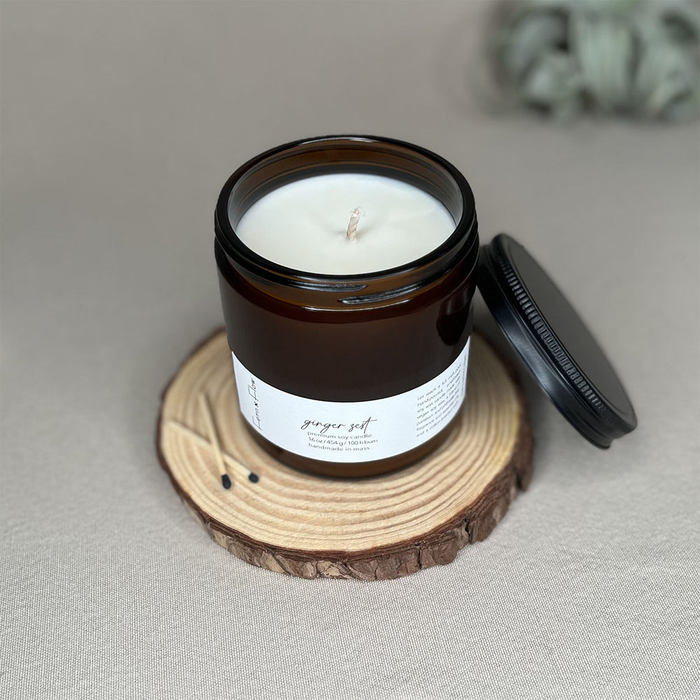 Fern x Flow 16oz Ginger Zest scented summer soy candle on a rustic wooden riser with a large air plant out-of-focus in the background.