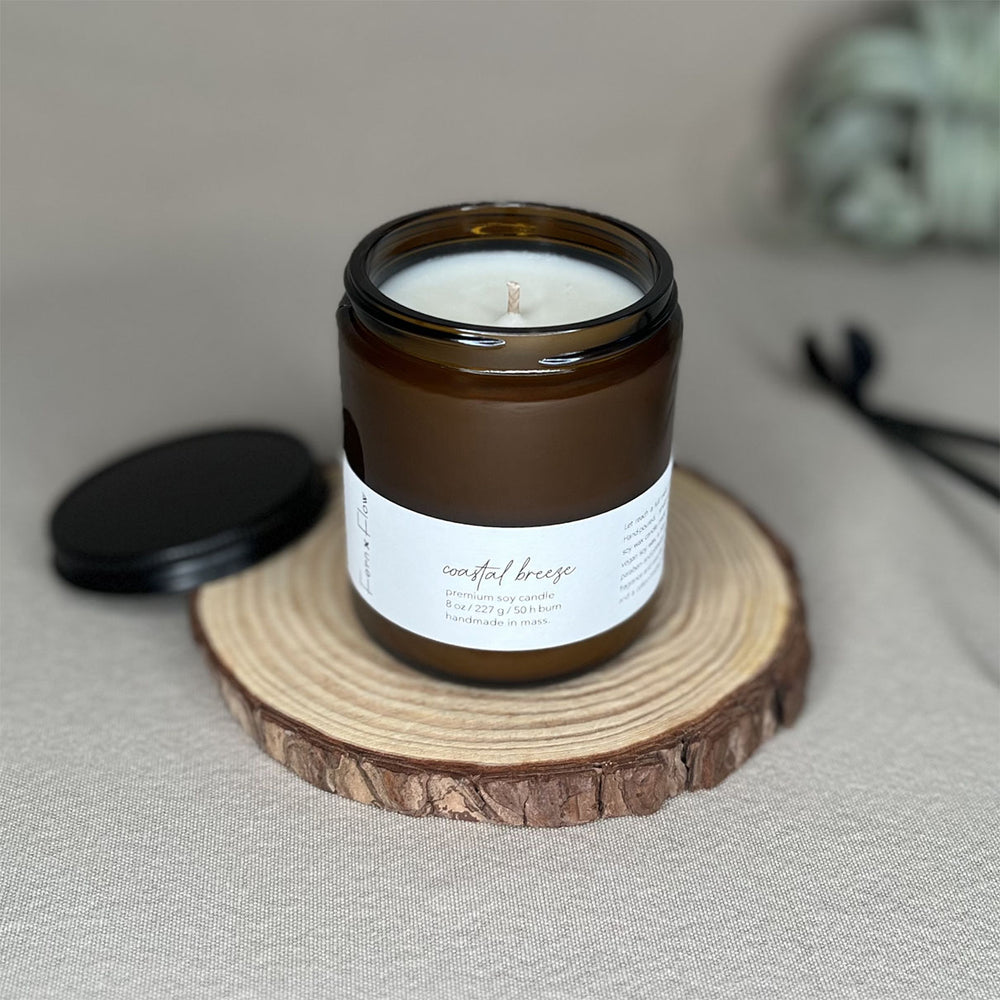 Fern x Flow 8oz Coastal Breeze scented summer soy candle on a rustic wooden riser with a large air plant out-of-focus in the background.