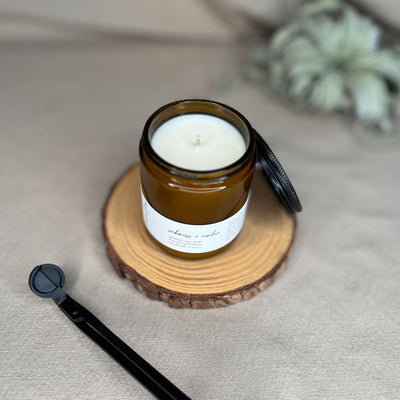 Eight-ounce Fern x Flow Oakmoss + Amber scented soy candle with black matte wick trimmers in the foreground and an air plant in the background.