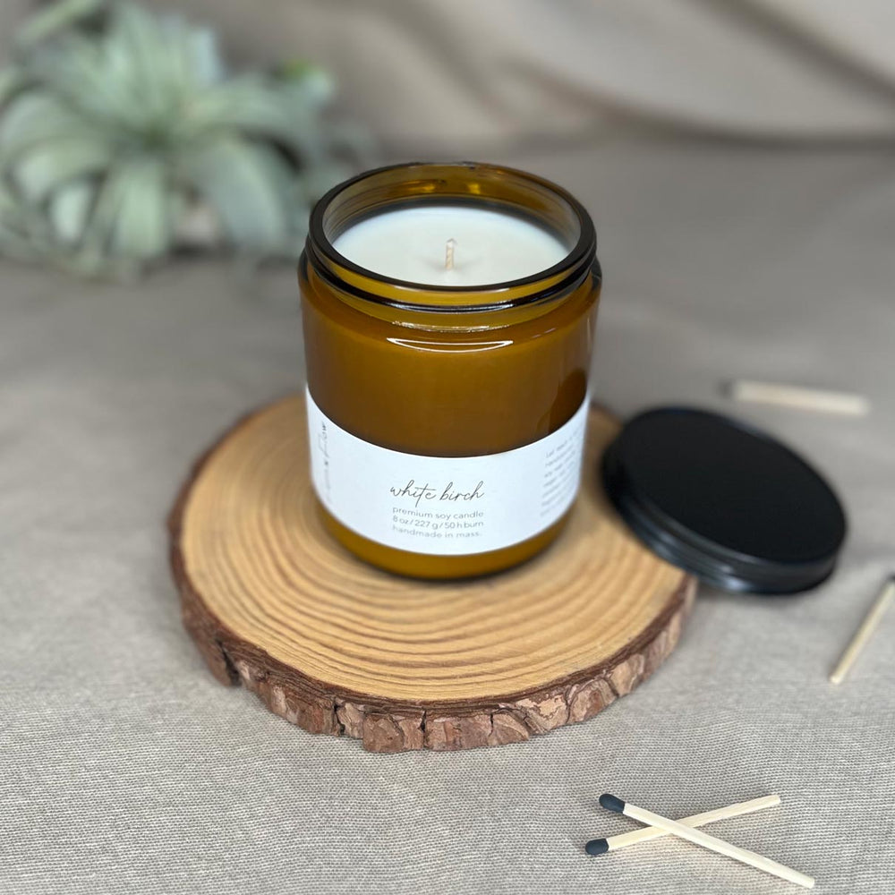 Closeup photo of eight-ounce Fern x Flow White Birch scented soy candle with black matte wick trimmers in the foreground and an air plant in the background.